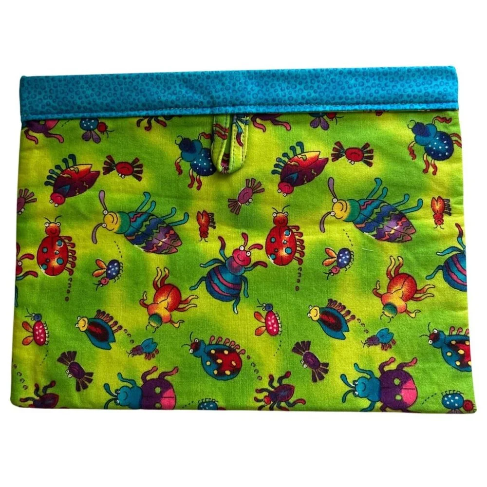 Handmade Whimsical Bug Print Cosmetic Bag Blue Accent Trim Vibrant Colorful
